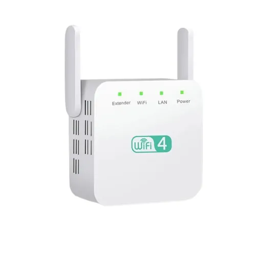 White NetBoost Pro plug-in WiFi extender with two antennas